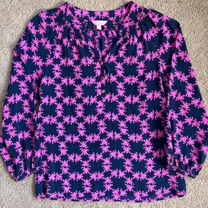 Lilly Pulitzer Womens Medium Elsa 100 % Silk Frog Print Top Blouse Preppy Henley